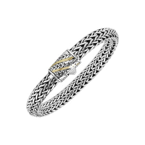 Sterling Silver & 18K Gold Bali Wheat Bracelet Featuring Chevron Pattern Dual-Tone Clasp And Handcrafted Balinese Weave