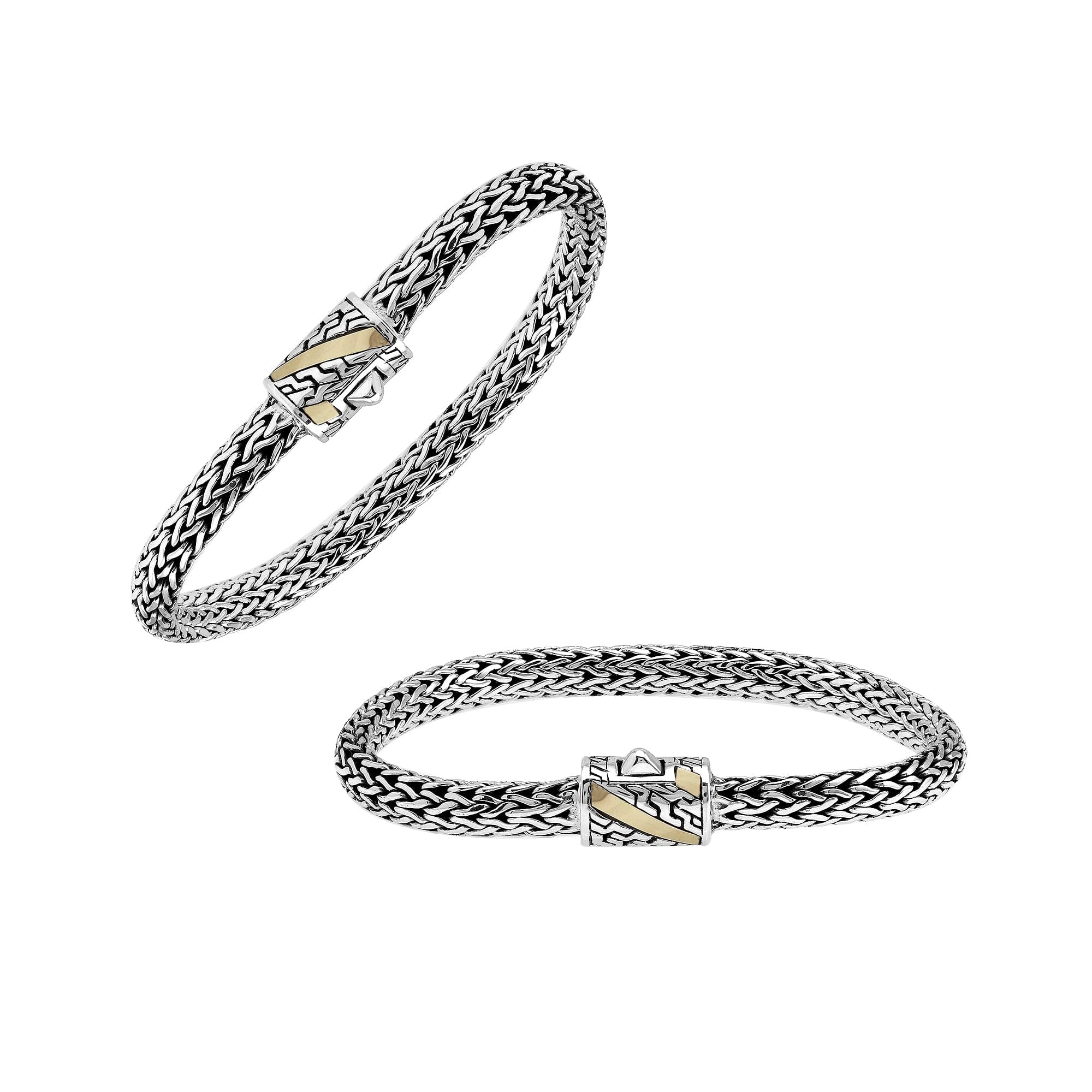 Sterling Silver & 18K Gold Bali Wheat Bracelet Featuring Angled Stripe Dual-Tone Clasp With Handcrafted Balinese Weave