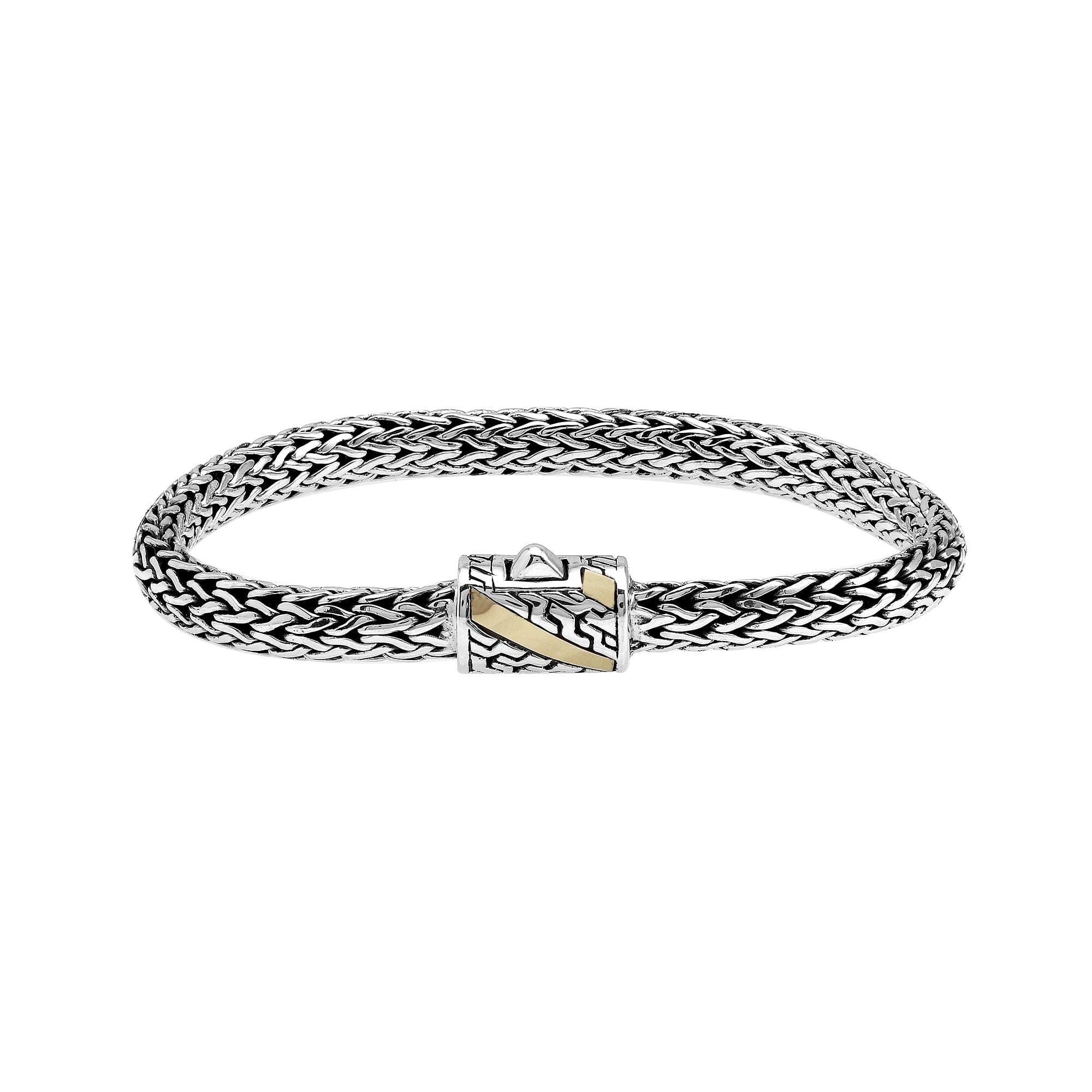 Sterling Silver & 18K Gold Bali Wheat Bracelet Featuring Angled Stripe Dual-Tone Clasp With Handcrafted Balinese Weave