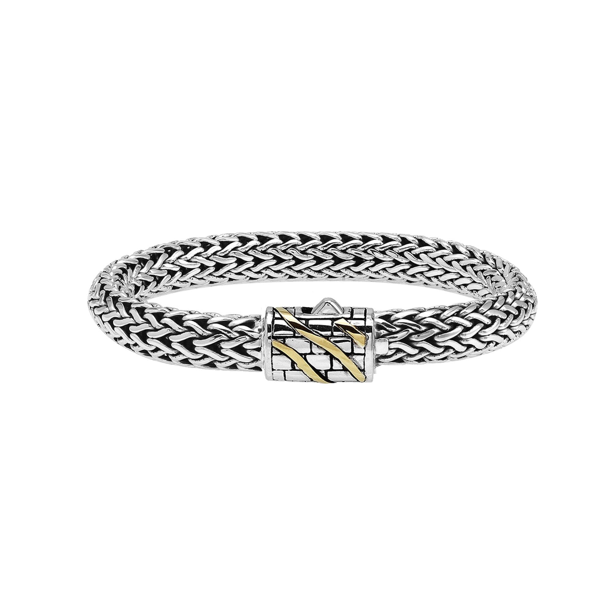 Sterling Silver & 18K Gold Bali Wheat Bracelet With Angled Wave Dual-Tone Clasp And Handcrafted Balinese Weave Detailing
