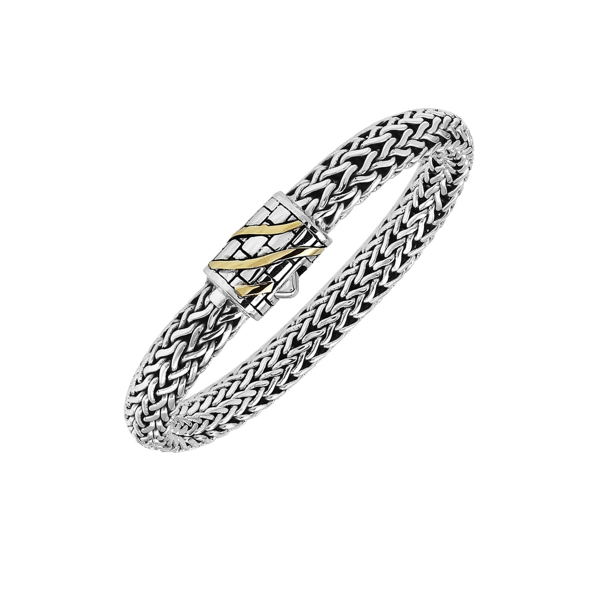 Sterling Silver & 18K Gold Bali Wheat Bracelet With Angled Wave Dual-Tone Clasp And Handcrafted Balinese Weave Detailing