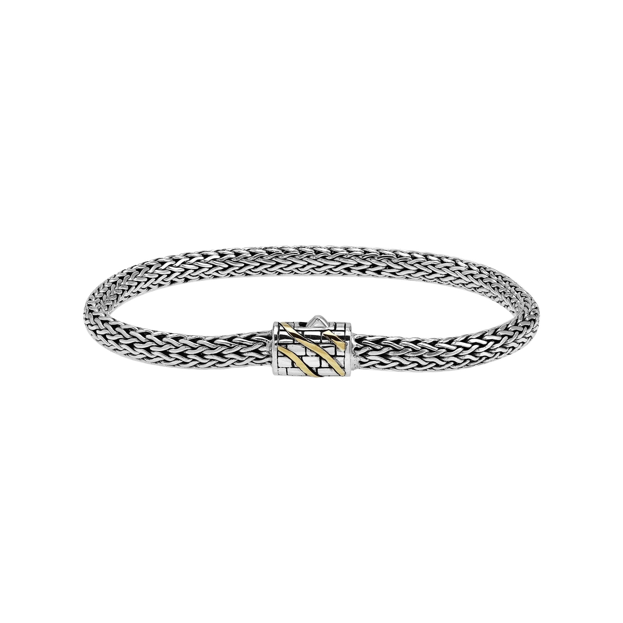Sterling Silver & 18K Gold Bali Wheat Bracelet With Brick Pattern Dual-Tone Clasp And Angled Gold Inlay