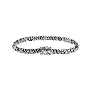 Sterling Silver & 18K Gold Bali Wheat Bracelet With Brick Pattern Dual-Tone Clasp And Angled Gold Inlay