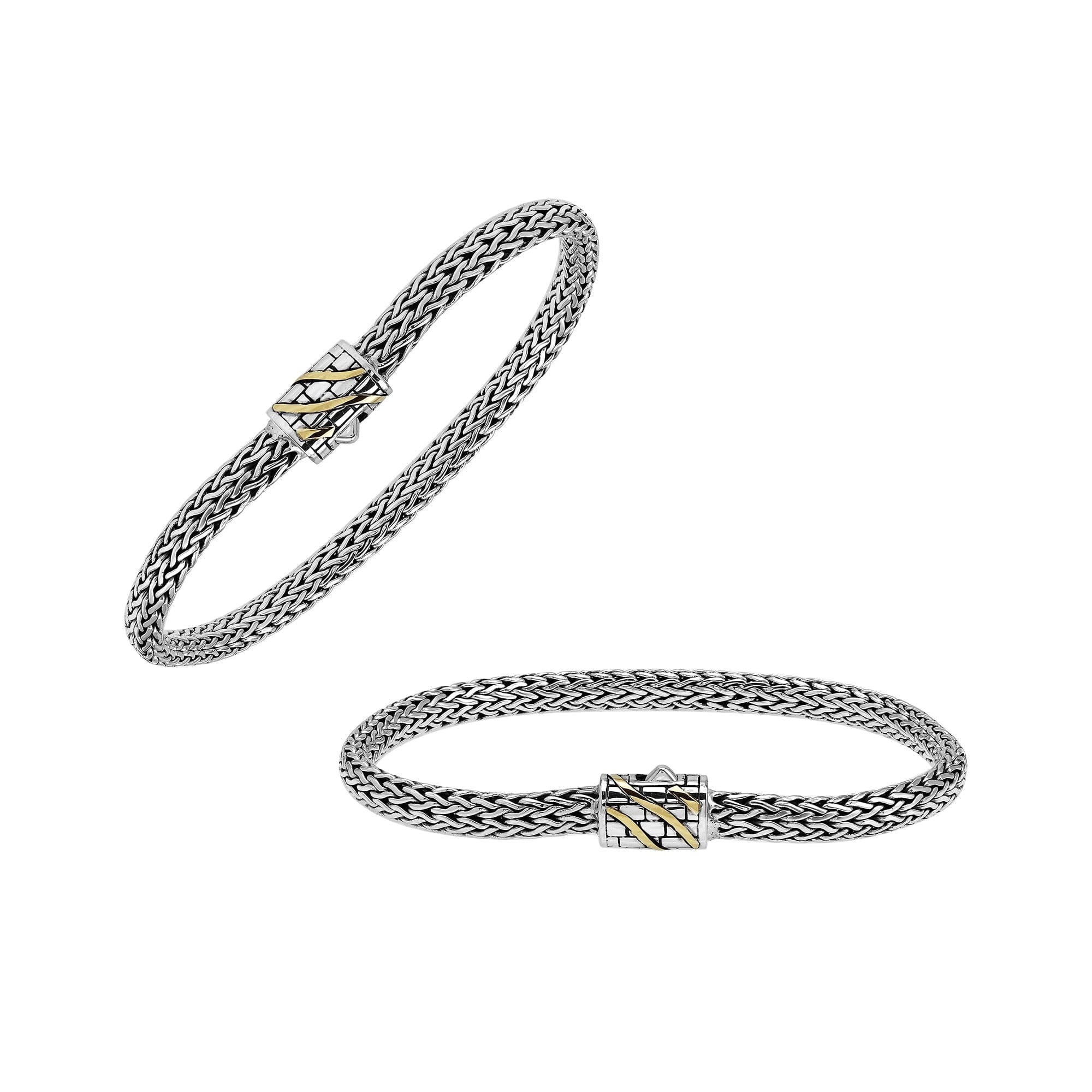 Sterling Silver & 18K Gold Bali Wheat Bracelet With Brick Pattern Dual-Tone Clasp And Angled Gold Inlay