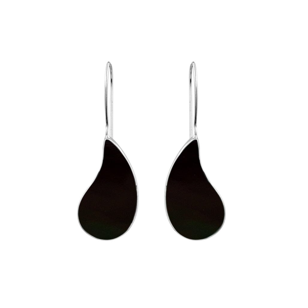 Wholesale sterling silver teardrop earrings with black shell inlay, handcrafted Bali jewelry for bulk purchase.
