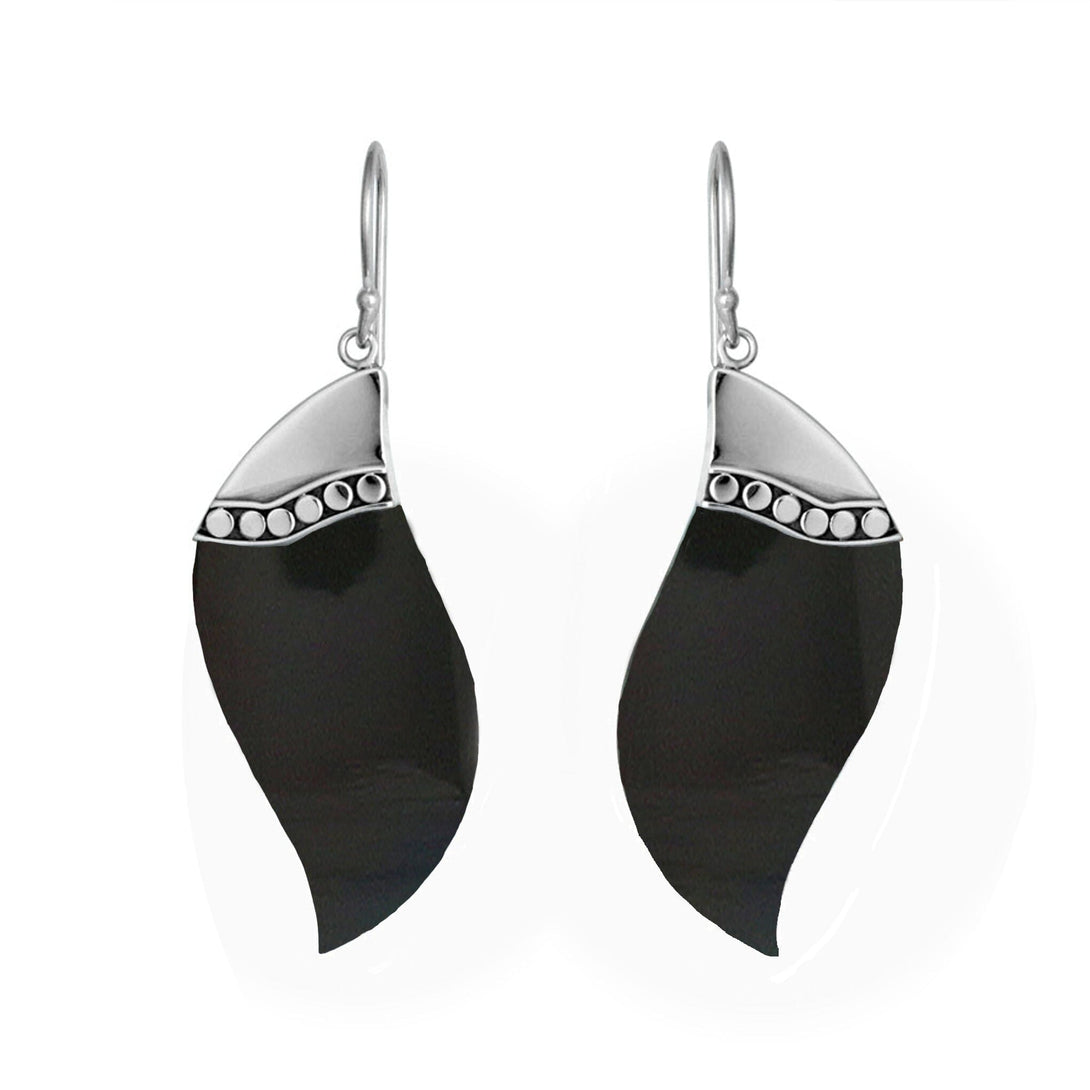 Sterling silver black shell wave earrings with dotted silver accent for wholesale jewelry buyers