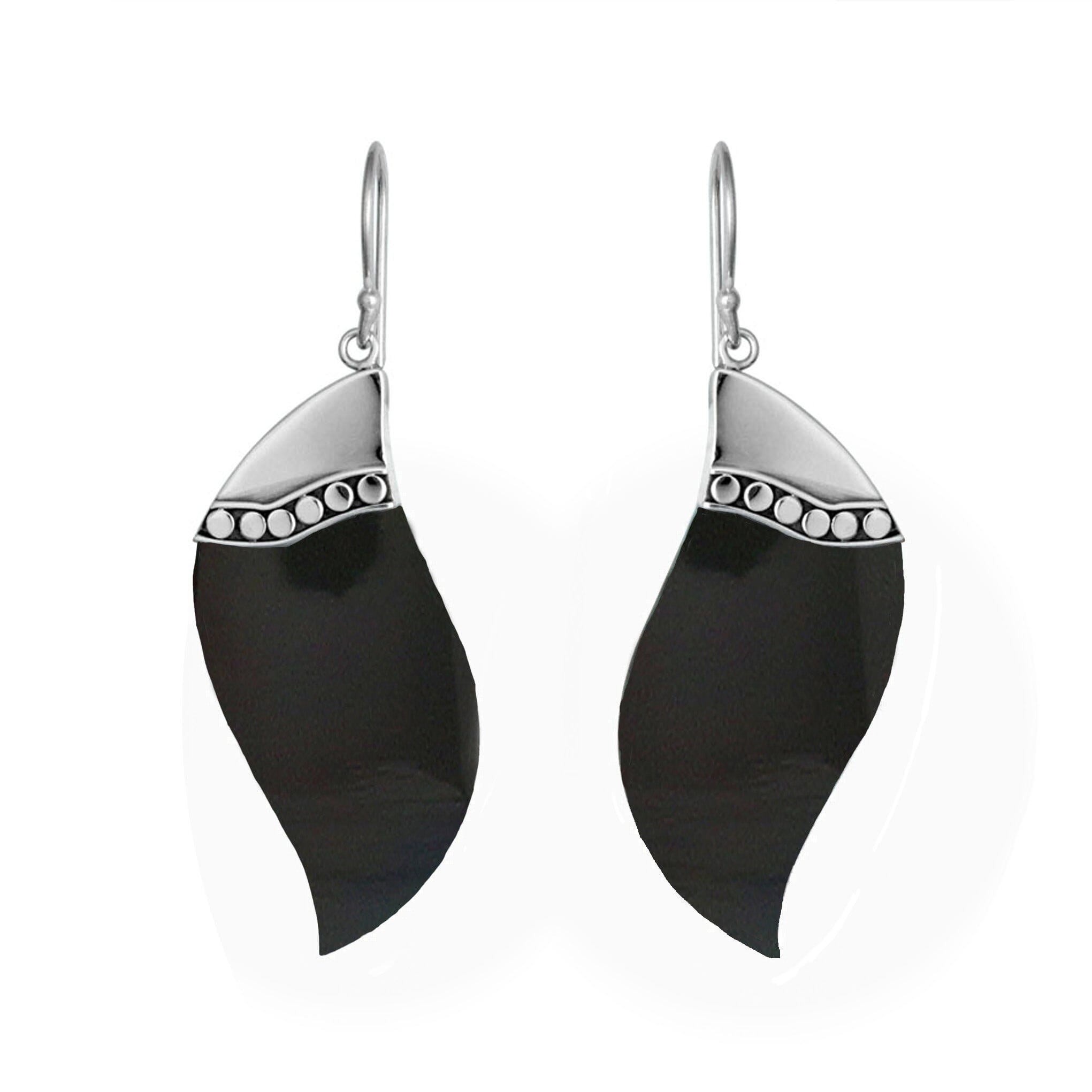 Sterling silver black shell wave earrings with dotted silver accent for wholesale jewelry buyers
