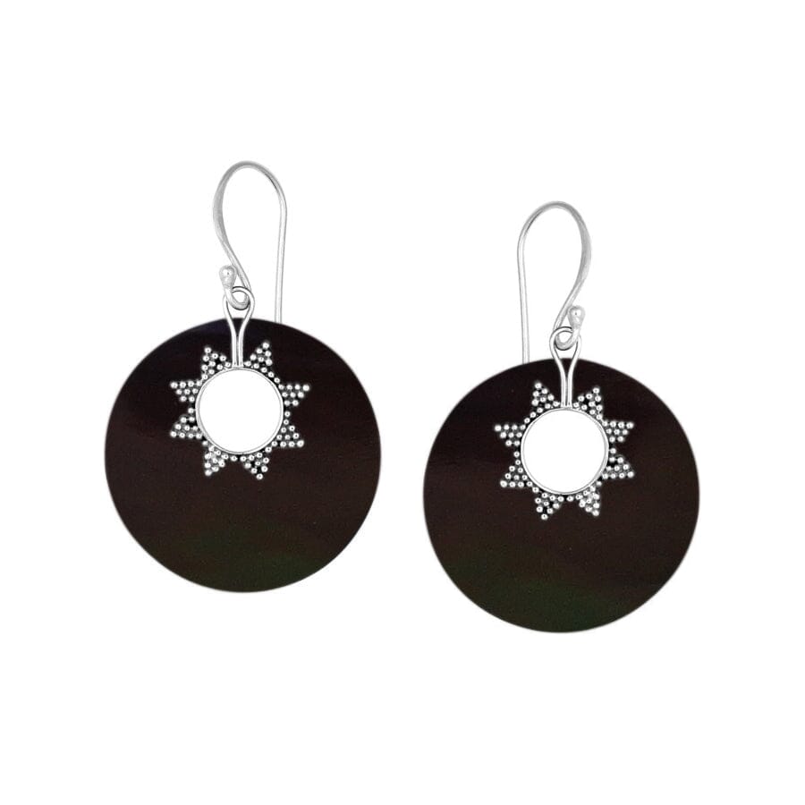 Sterling silver black shell round earrings with sunburst accent for wholesale jewelry buyers