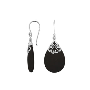 Sterling silver black shell teardrop earrings with scroll accent design for wholesale jewelry buyers