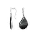 Wholesale sterling silver teardrop earrings with shimmering black shell inlay and Balinese scroll detailing, handcrafted in Bali