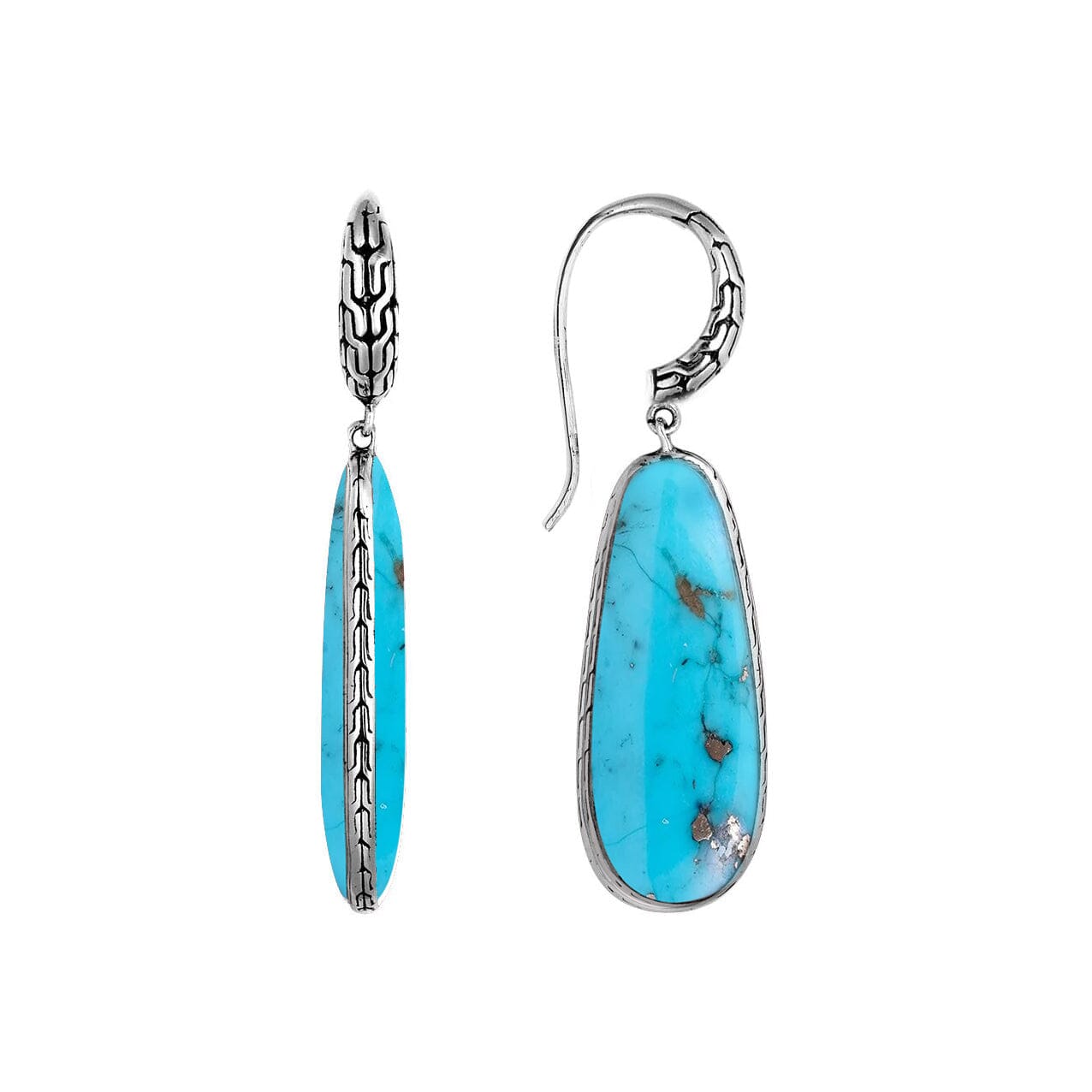 Sterling Silver Turquoise Shell Drop Earrings featuring teardrop design with textured edge and mirror-polished finish for wholesale buyers