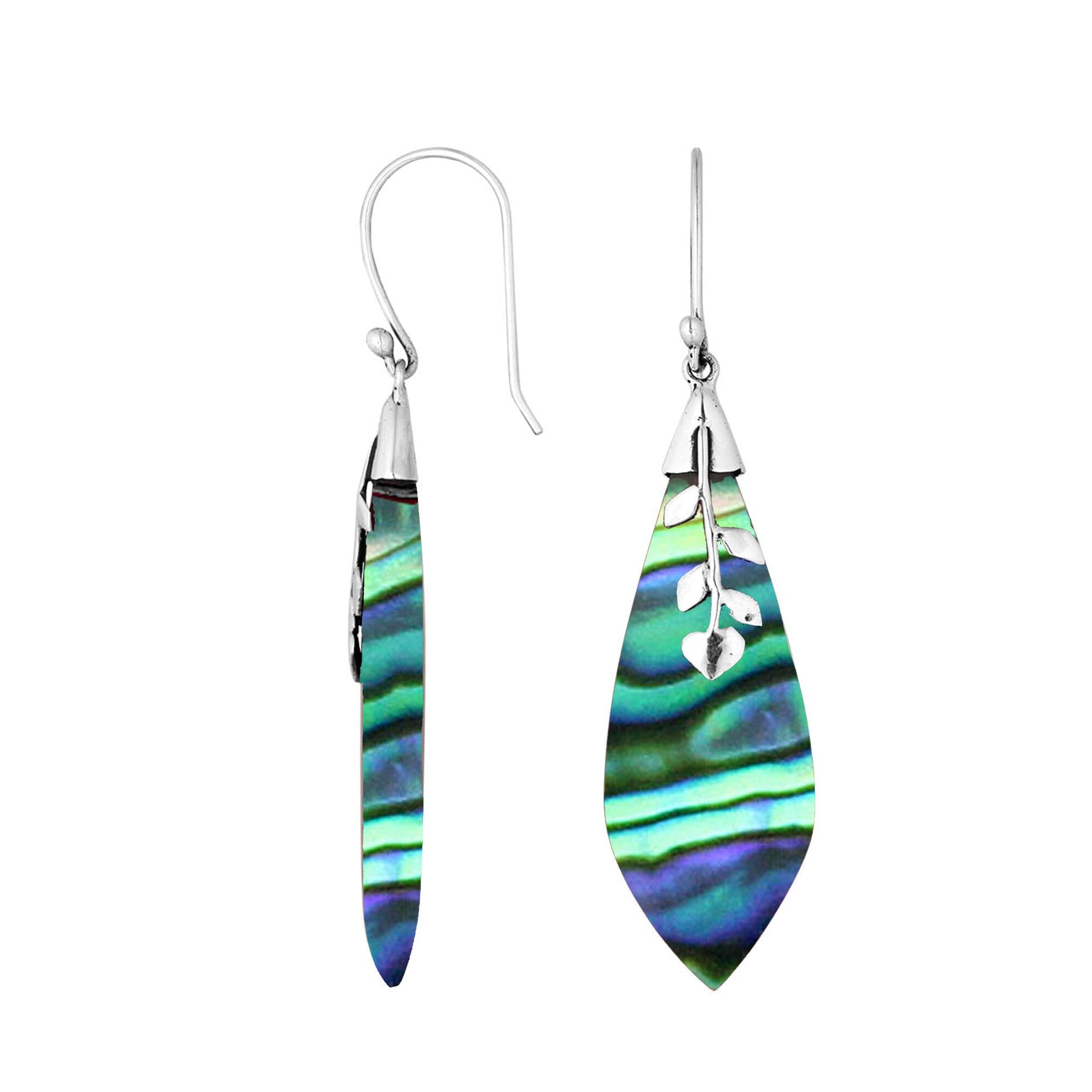 Sterling Silver Abalone Shell Drop Earrings featuring elongated leaf design and silver detailing with mirror-polished finish for wholesale jewelry collections