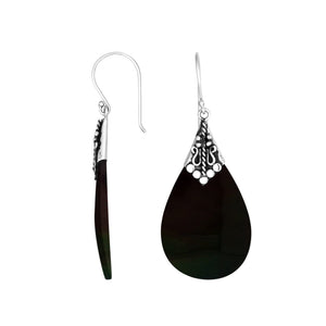 Black Shell teardrop silver earrings with ornate detailing