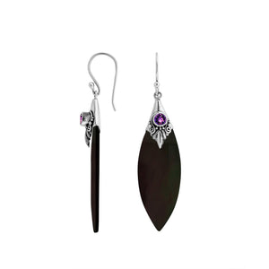 Sterling Silver Black Shell And Amethyst Quartz Marquise Drop Earrings
