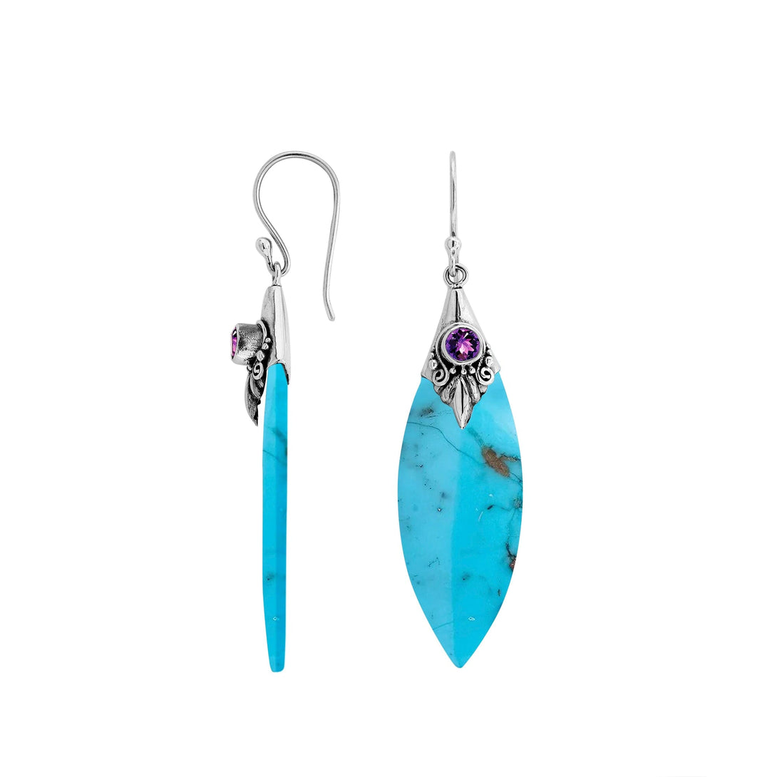 AE-1129-TQ Sterling Silver Fancy Shape Earring With Turquoise Shell & Amethyst Jewelry Bali Designs Inc 