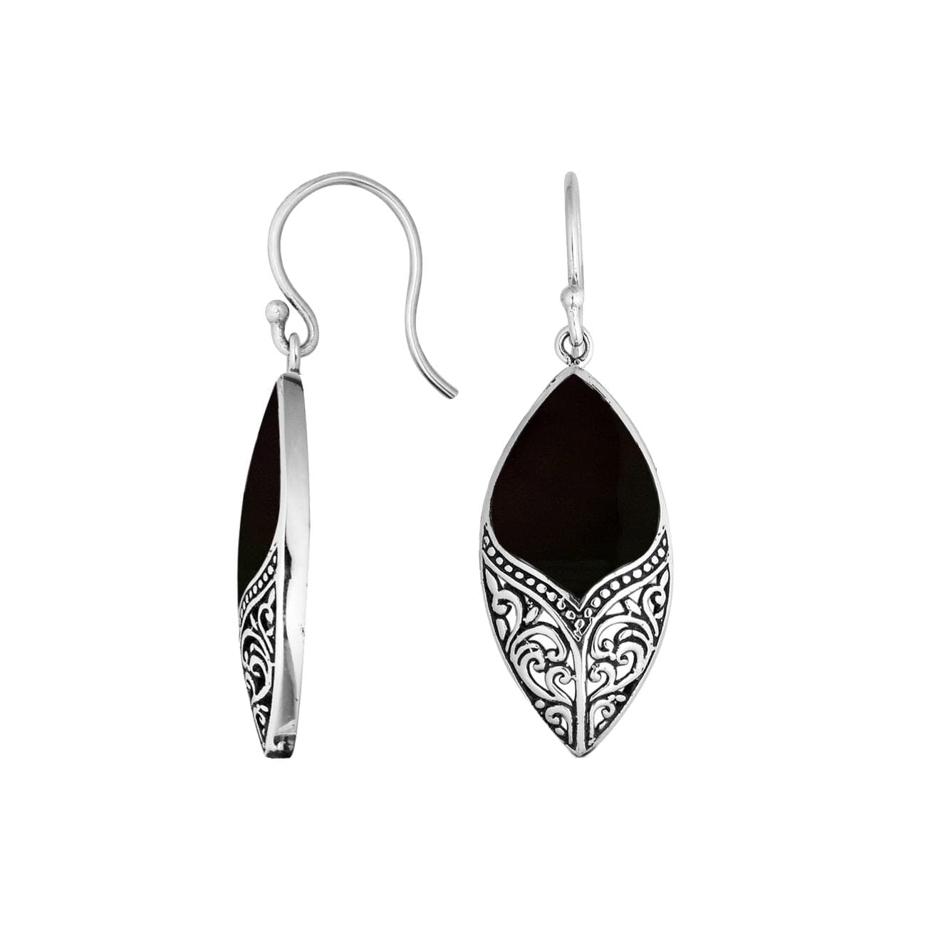 Sterling Silver Black Shell Marquise Drop Earrings With Earwire Lock
