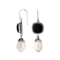 Silver Earrings With Black Shell Cushion Top And Pearl Drop