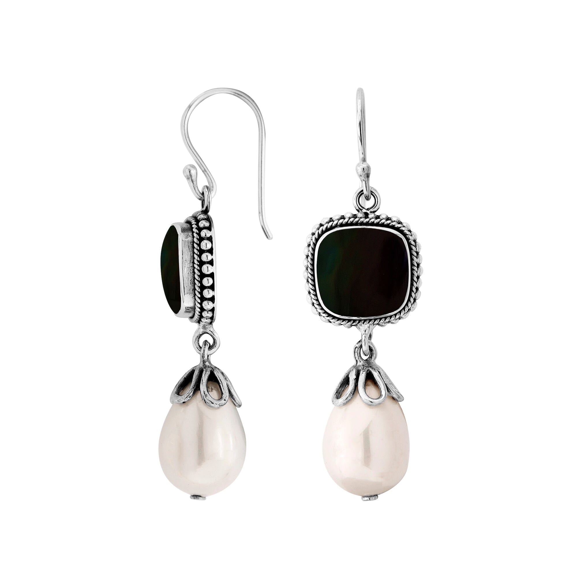 Silver Earrings With Black Shell Cushion Top And Pearl Drop