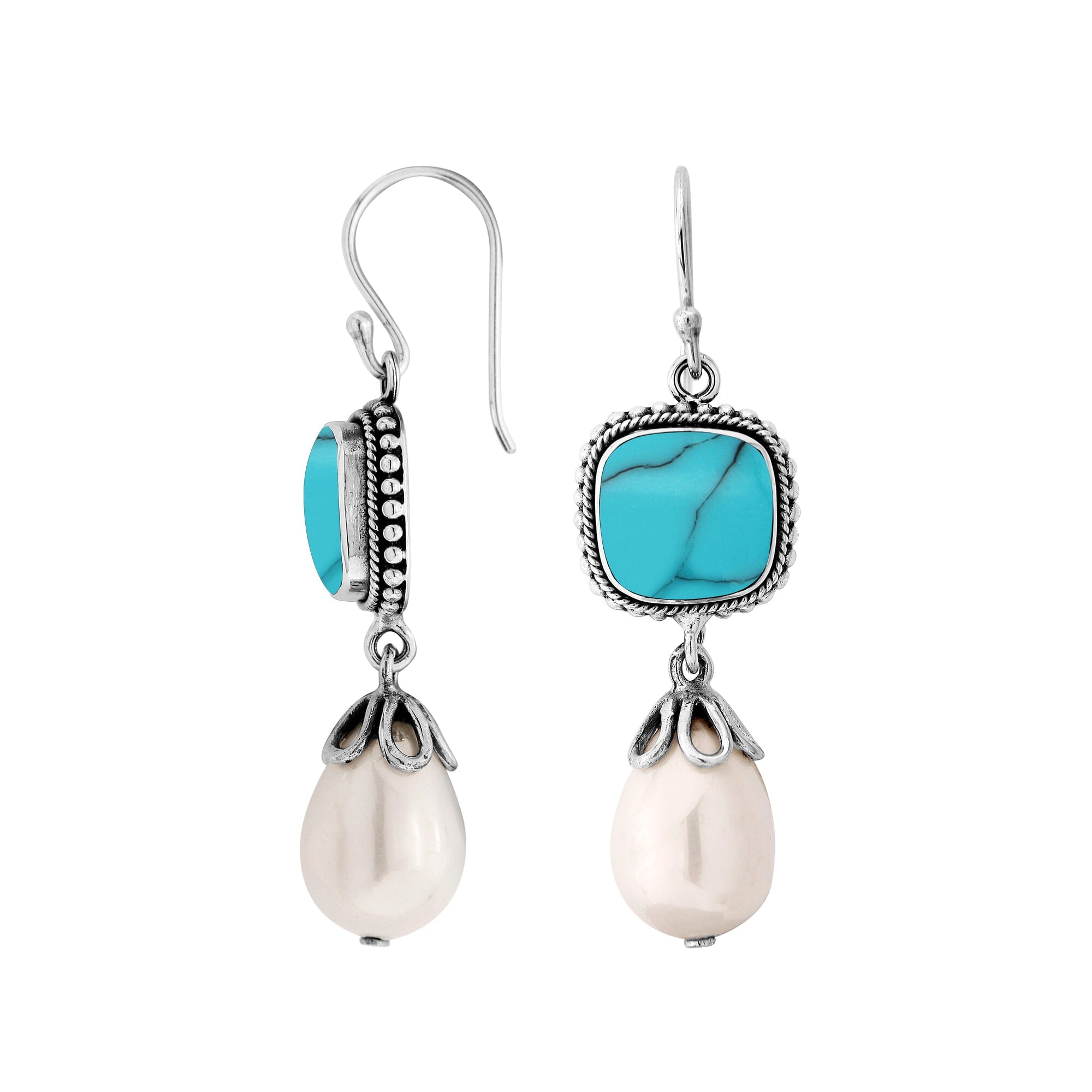 Silver Earrings With Turquoise Shell Top And Shell Pearl Drop