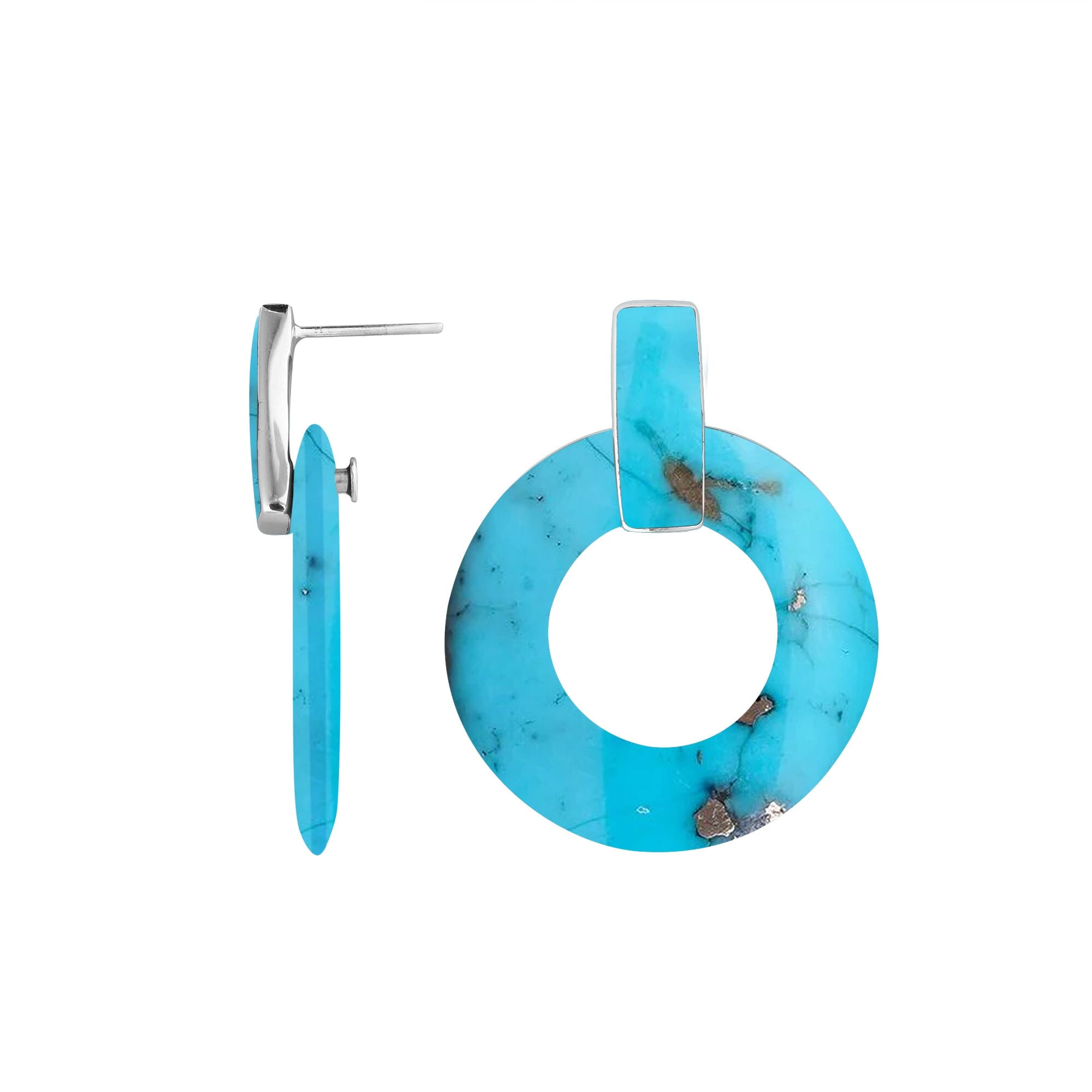 Turquoise Shell Sterling Silver Round Hoop Push Back Earrings