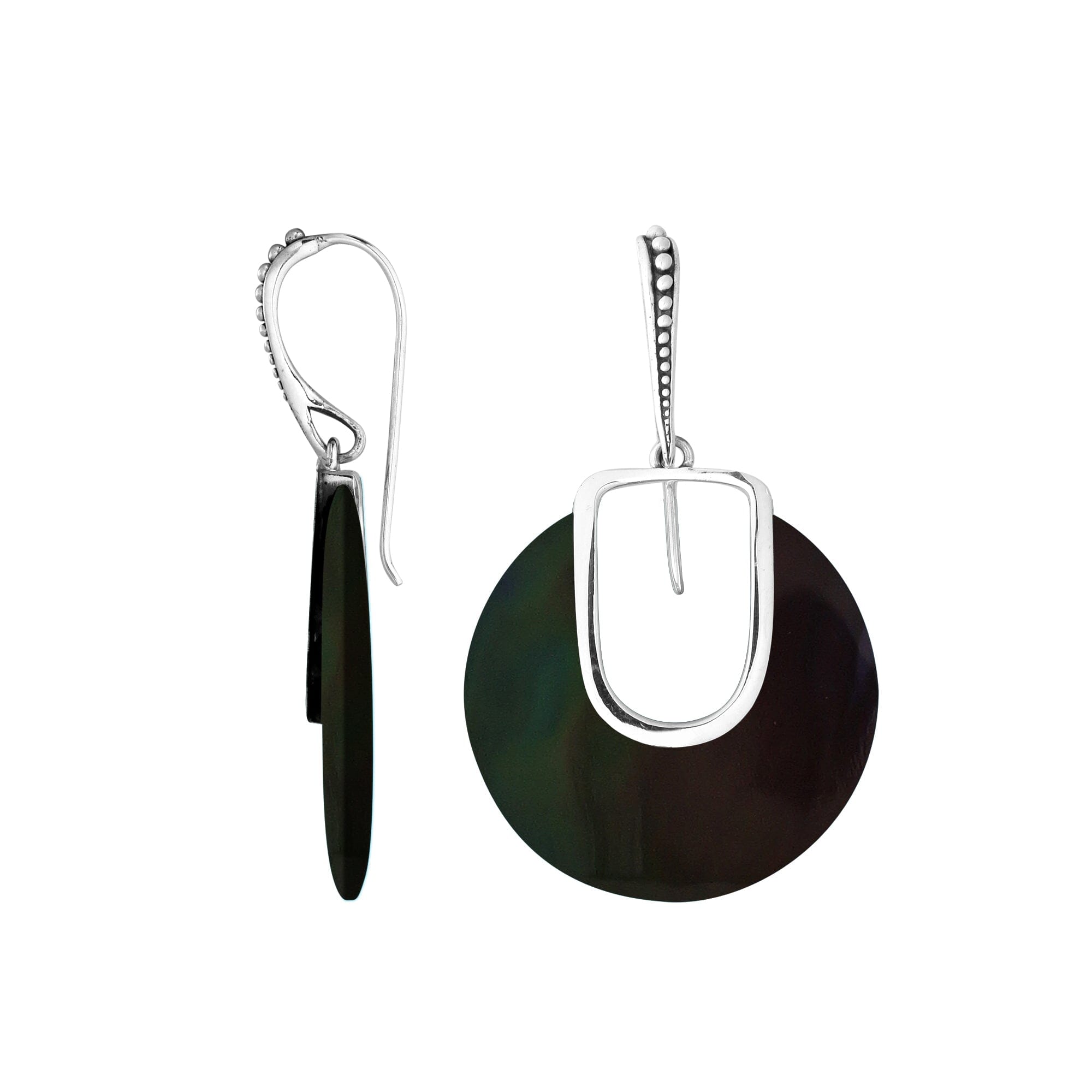 Black Shell Sterling Silver Round Drop Earwire Earrings