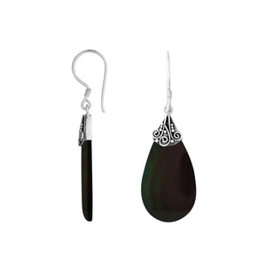 Black Shell Silver Teardrop Earrings With Filigree Cap