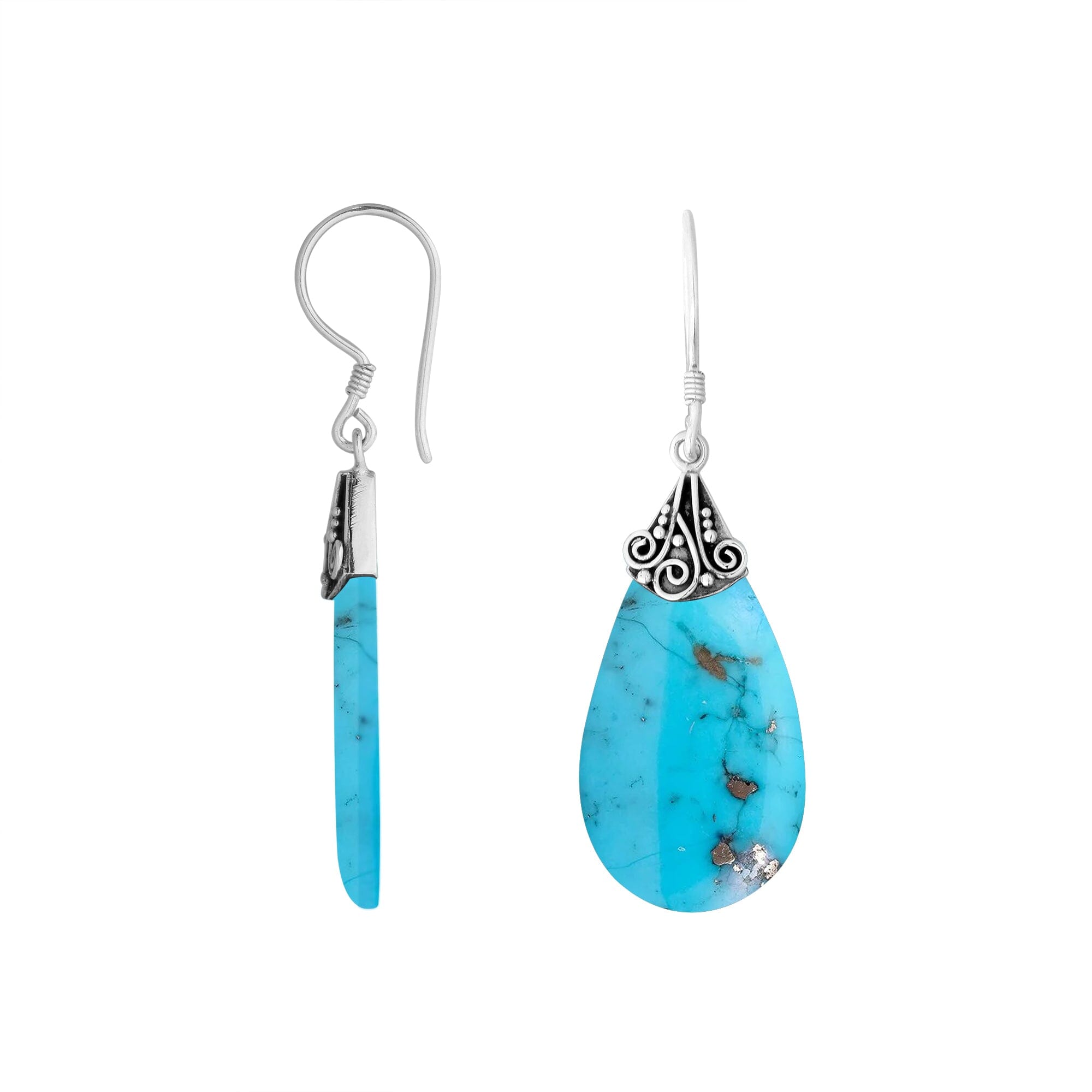 Turquoise Shell Silver Teardrop Earrings With Filigree Cap