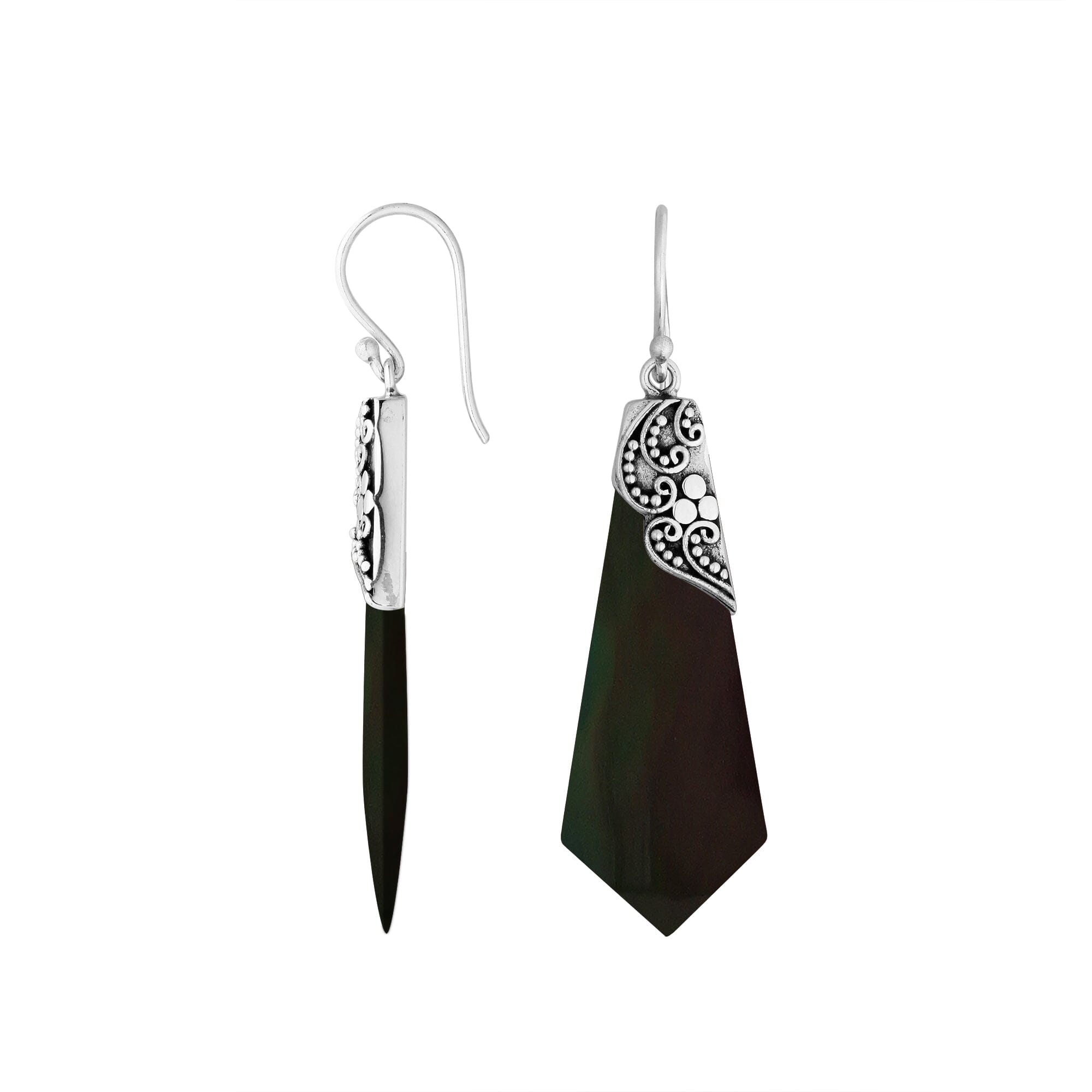 Black Shell Silver Geometric Drop Earrings With Filigree