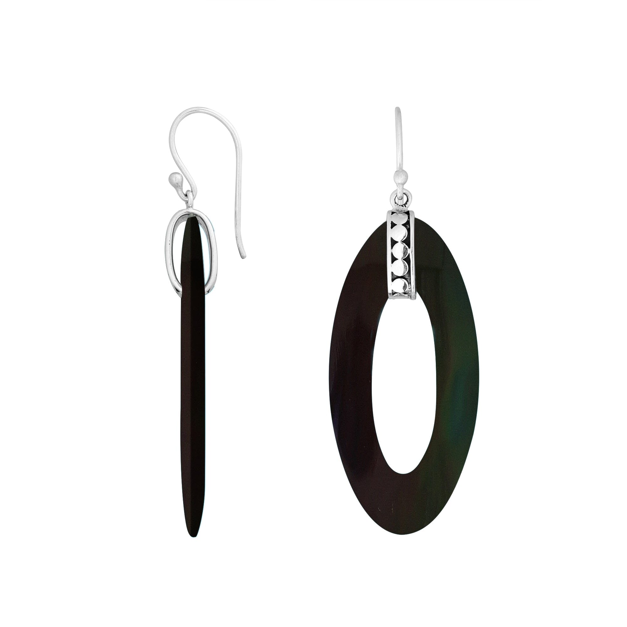 925 Sterling Silver Black Shell Elongated Oval Drop Earrings