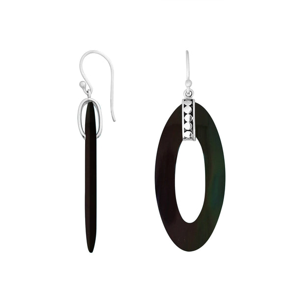 925 Sterling Silver Black Shell Elongated Oval Drop Earrings