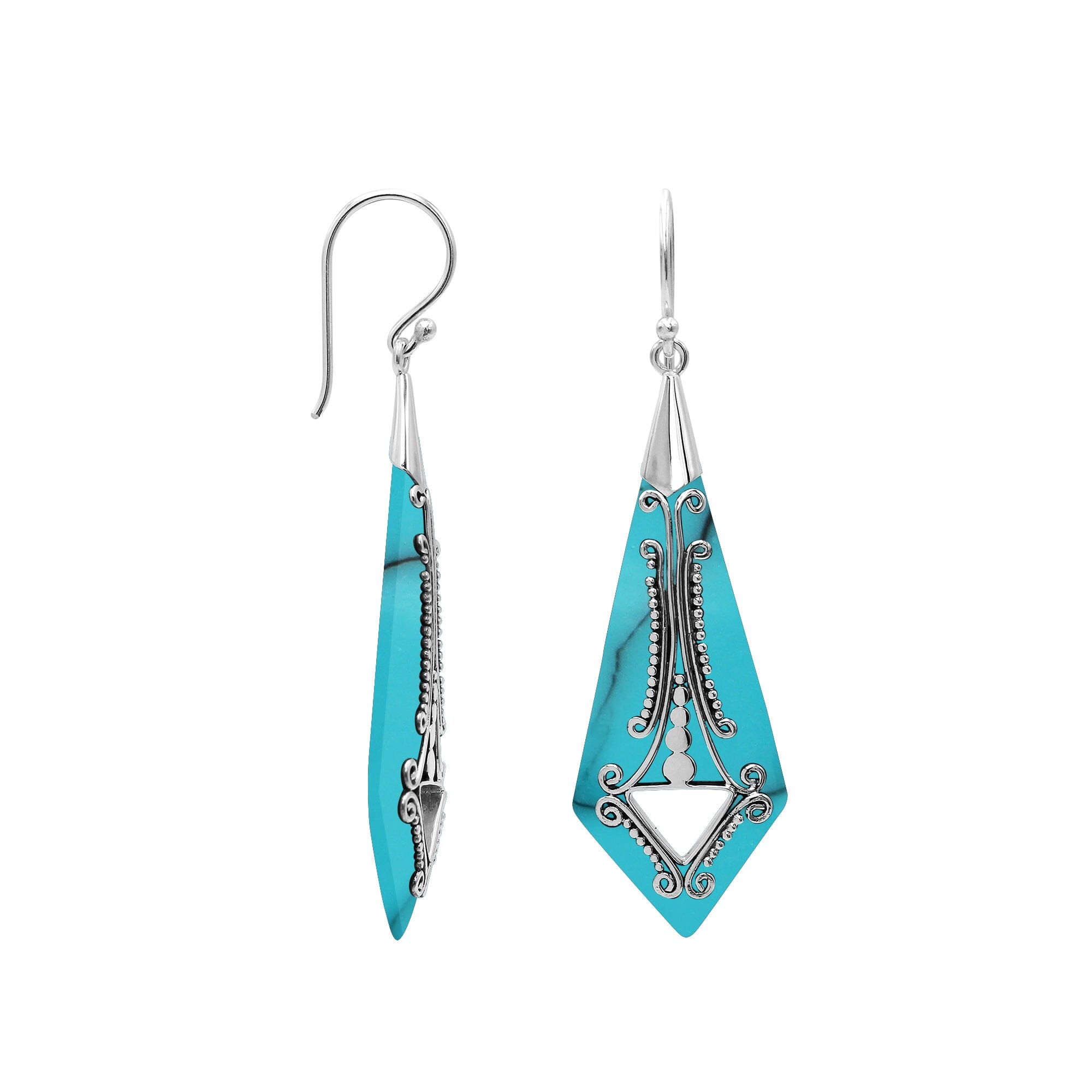 Silver elongated earrings with Turquoise Shell and ornate scroll detailing