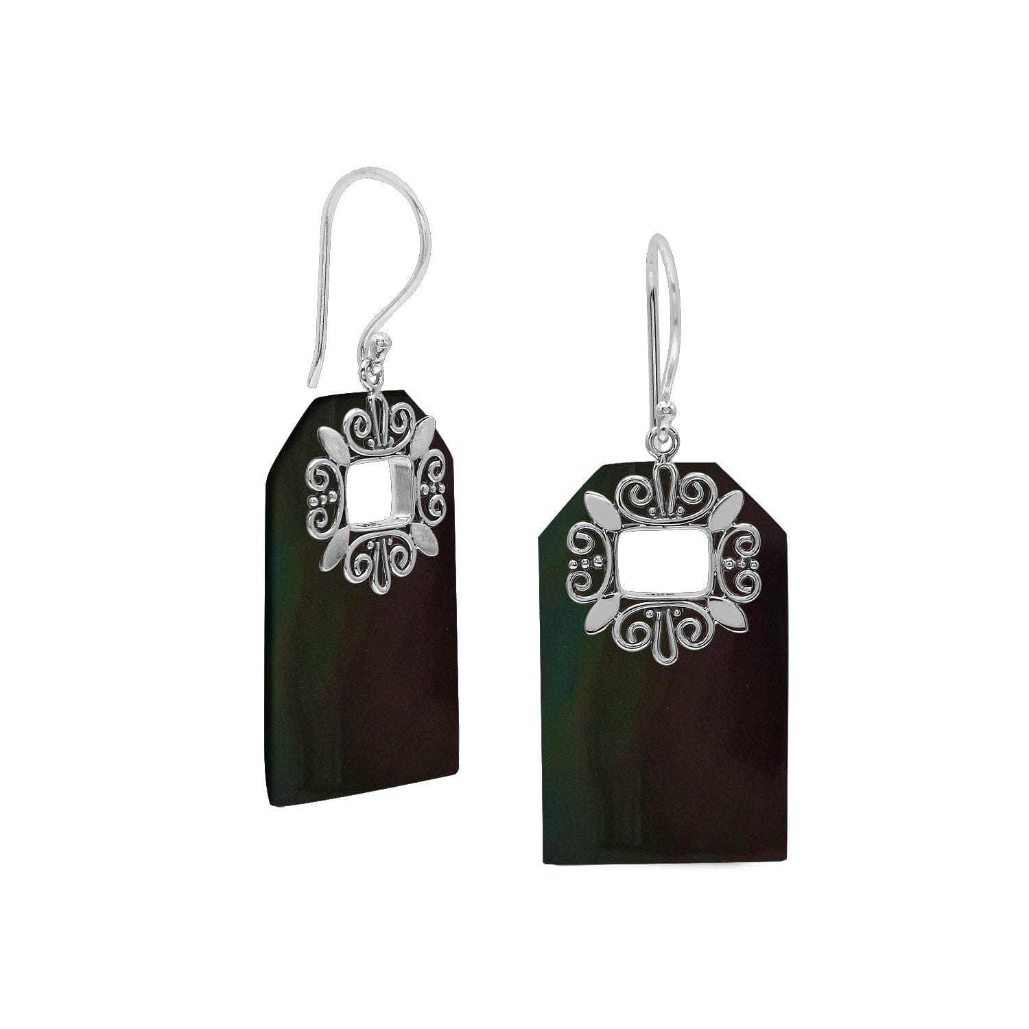 Black Shell rectangular earrings with silver filigree frame