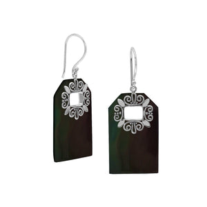 Black Shell rectangular earrings with silver filigree frame