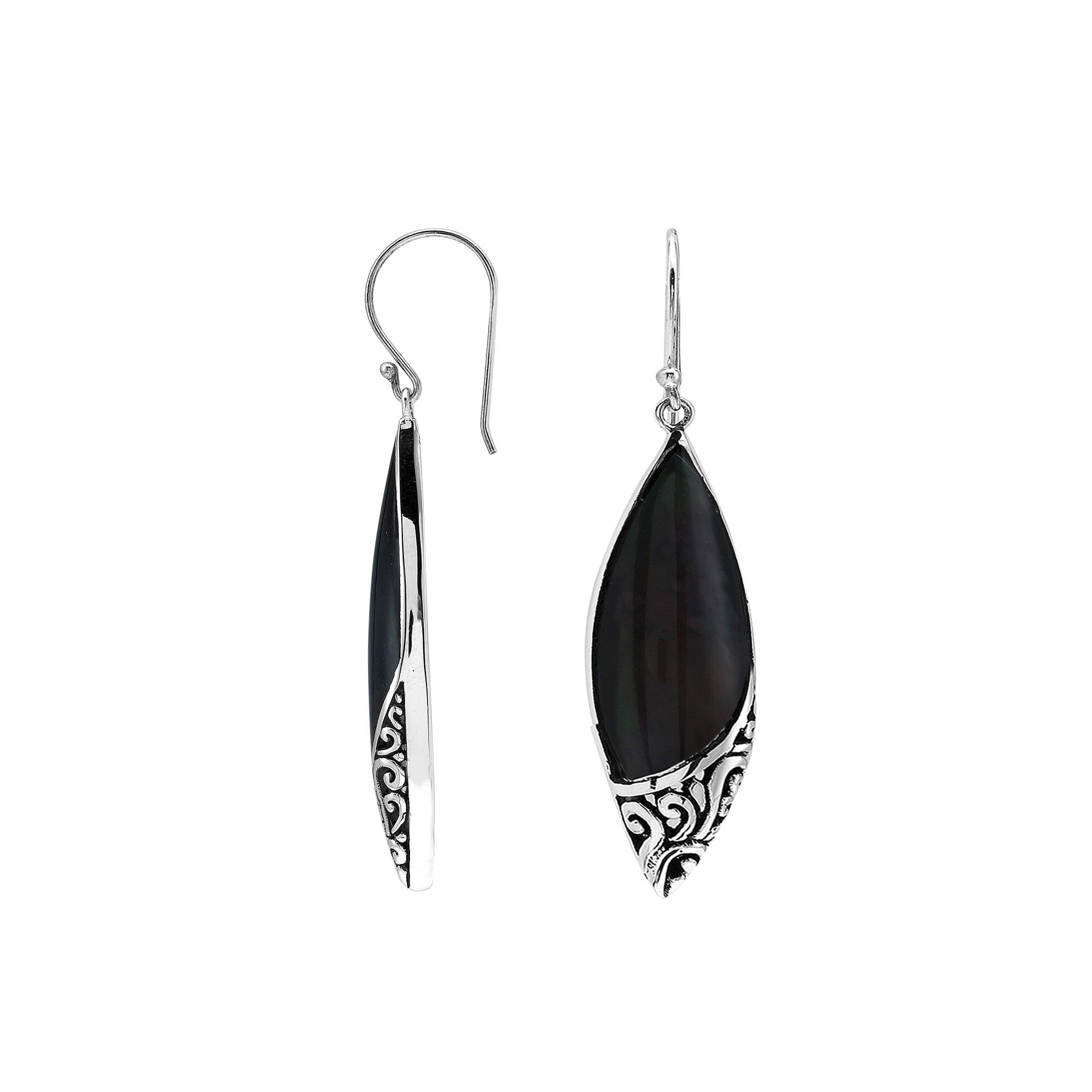 Sterling Silver Earrings With Black Shell Marquise Design