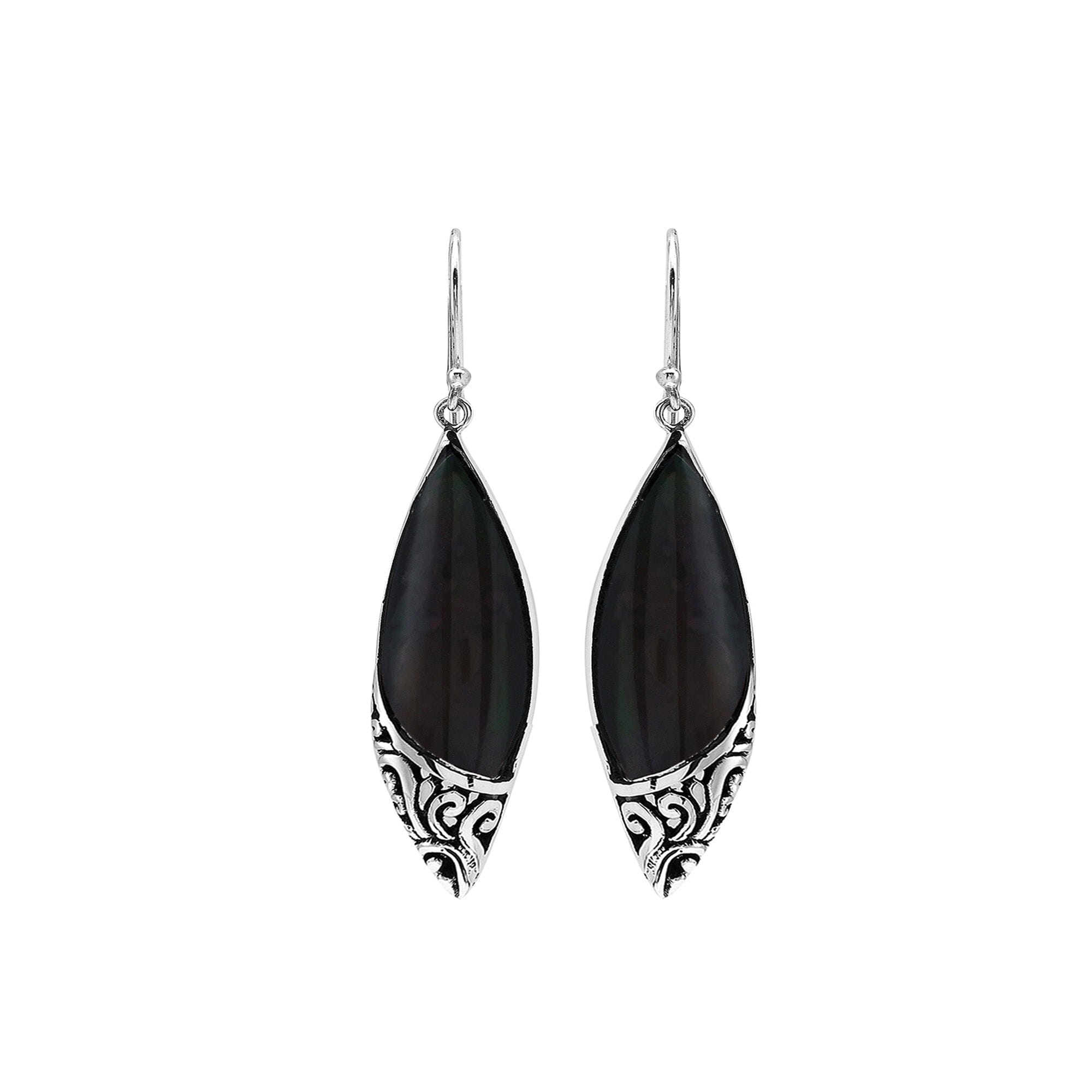 Sterling Silver Earrings With Black Shell Marquise Design