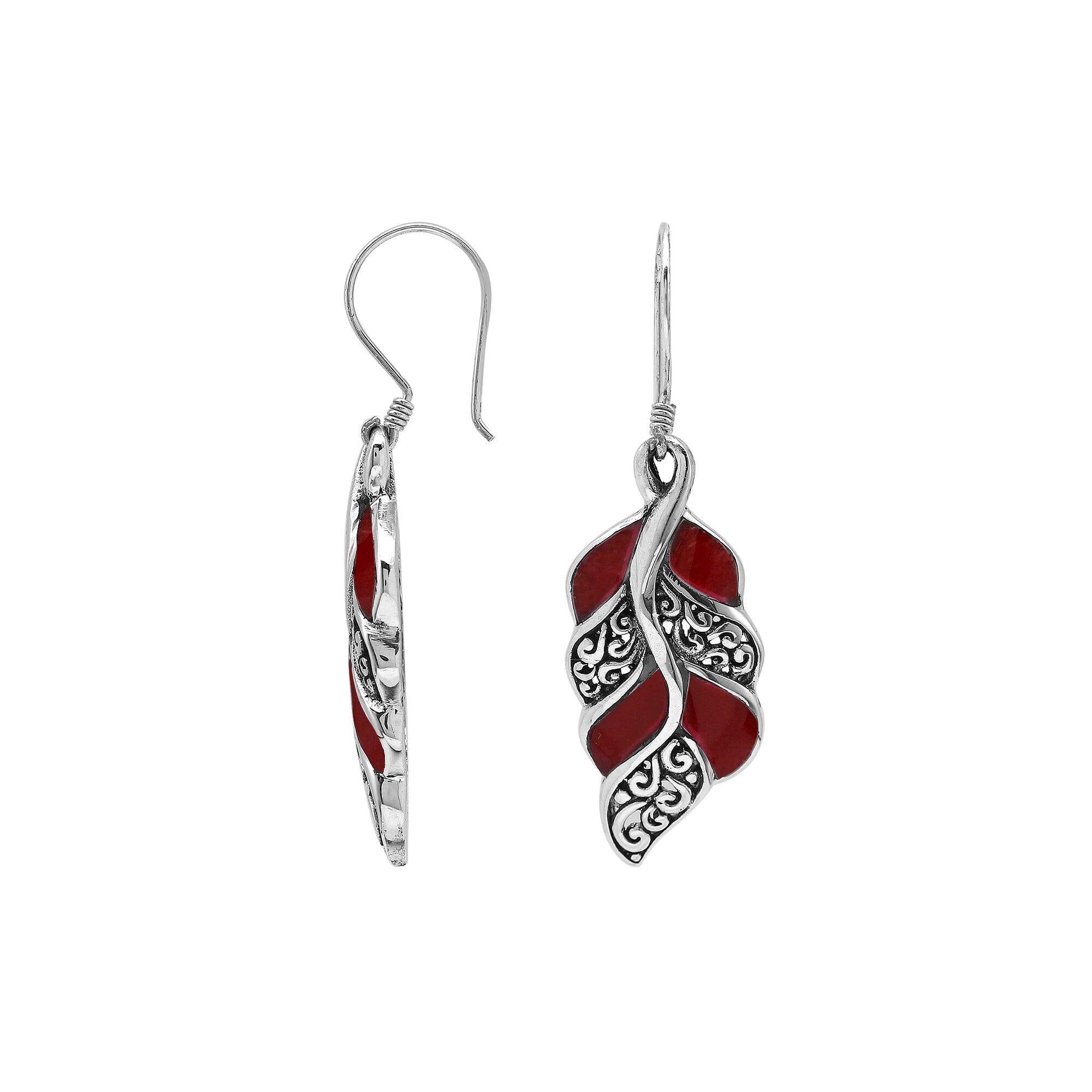 Red Coral Silver Leaf Filigree Earrings For Wholesale
