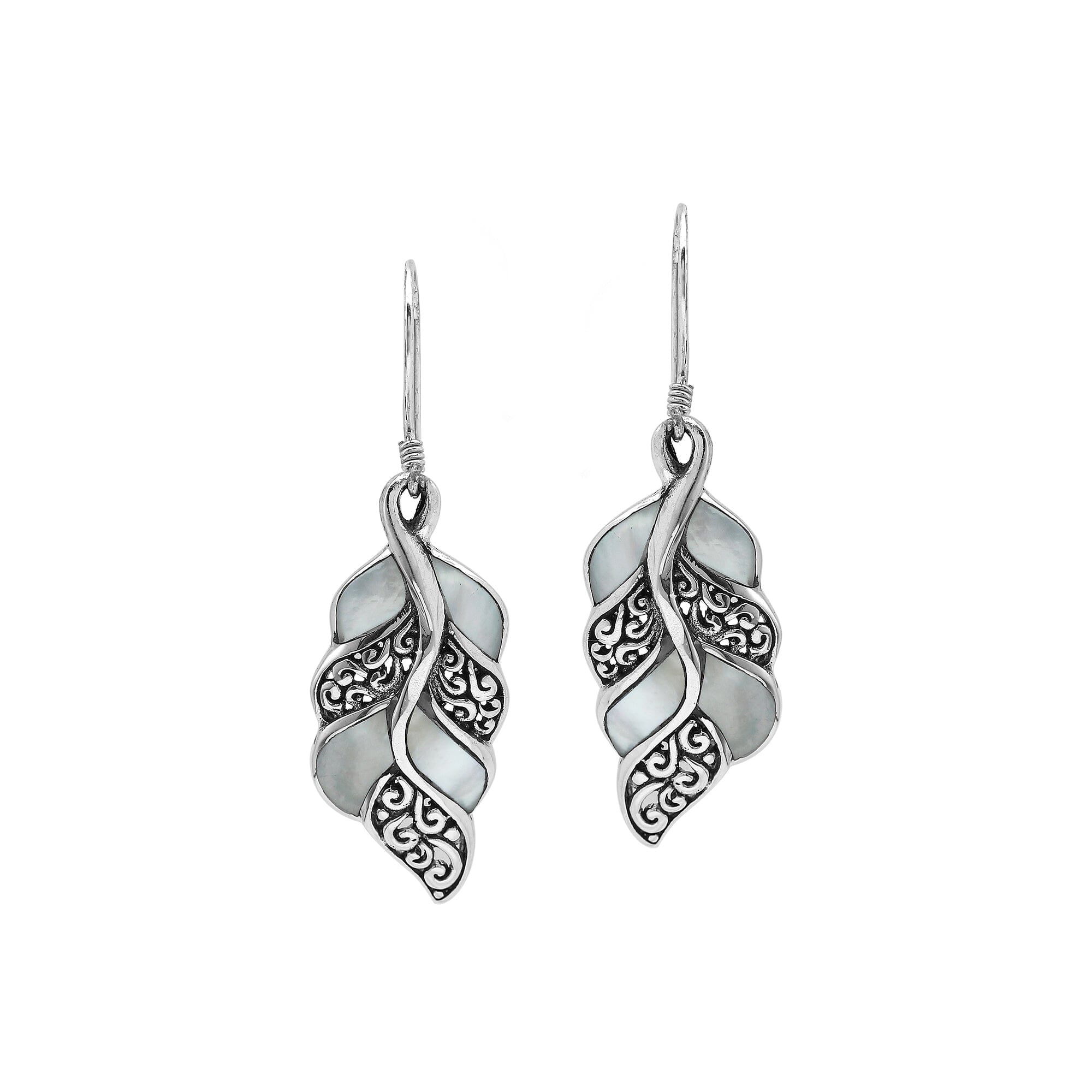 Mother Of Pearl Silver Leaf Filigree Earrings For Wholesale