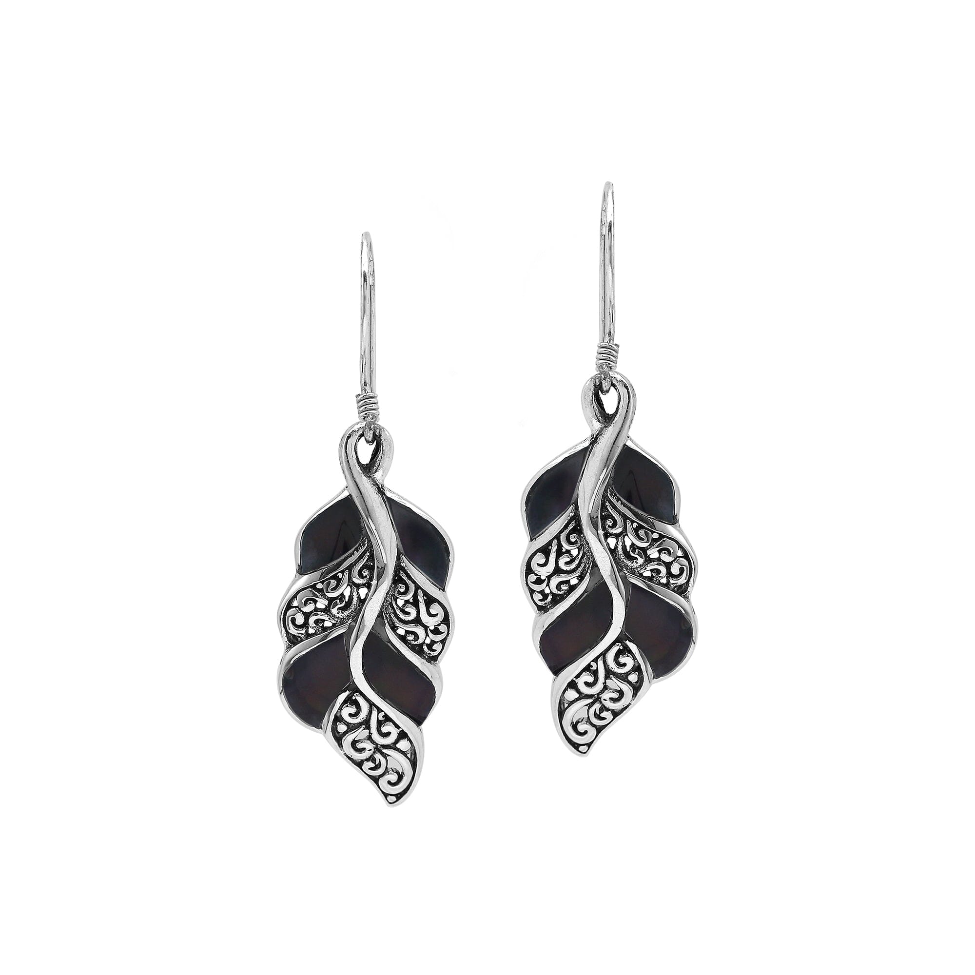 Black Shell Silver Leaf Filigree Earrings For Wholesale