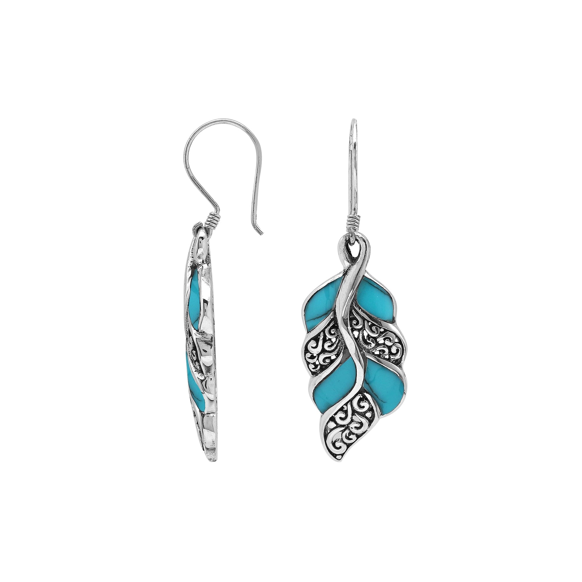 Turquoise Shell Leaf Filigree Silver Earrings For Wholesale