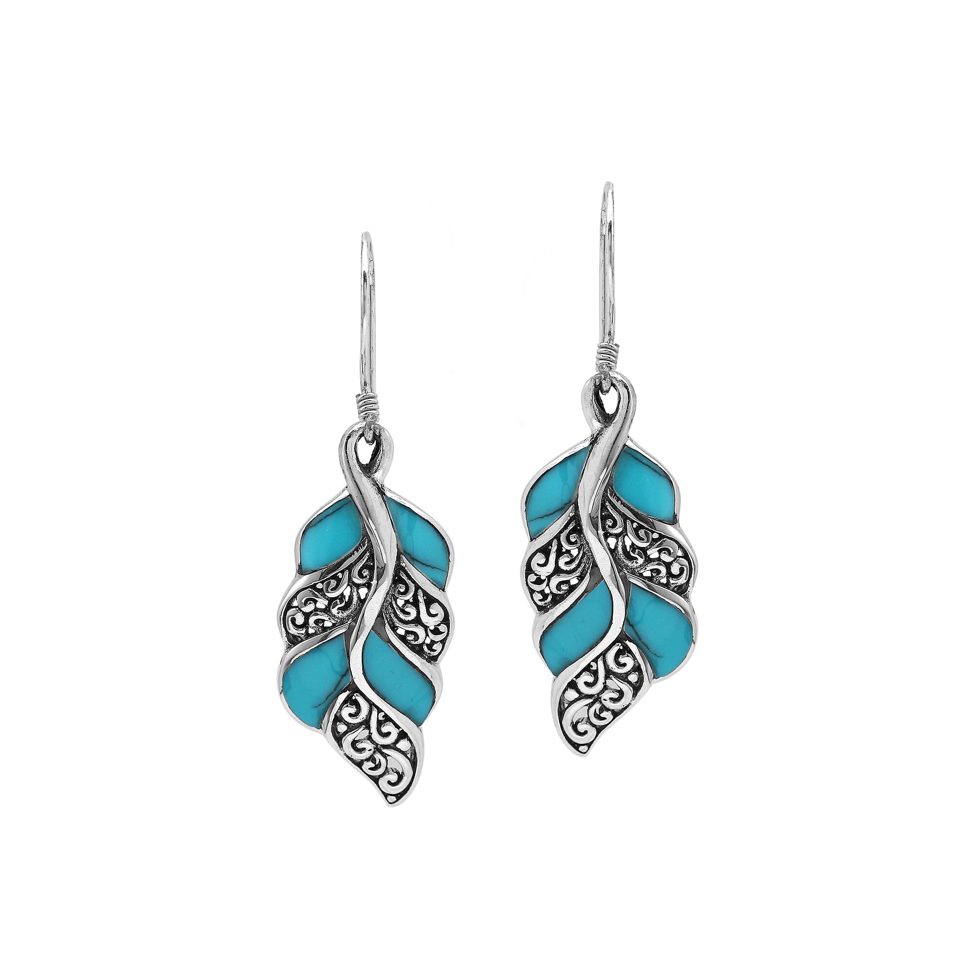 Turquoise Shell Leaf Filigree Silver Earrings For Wholesale