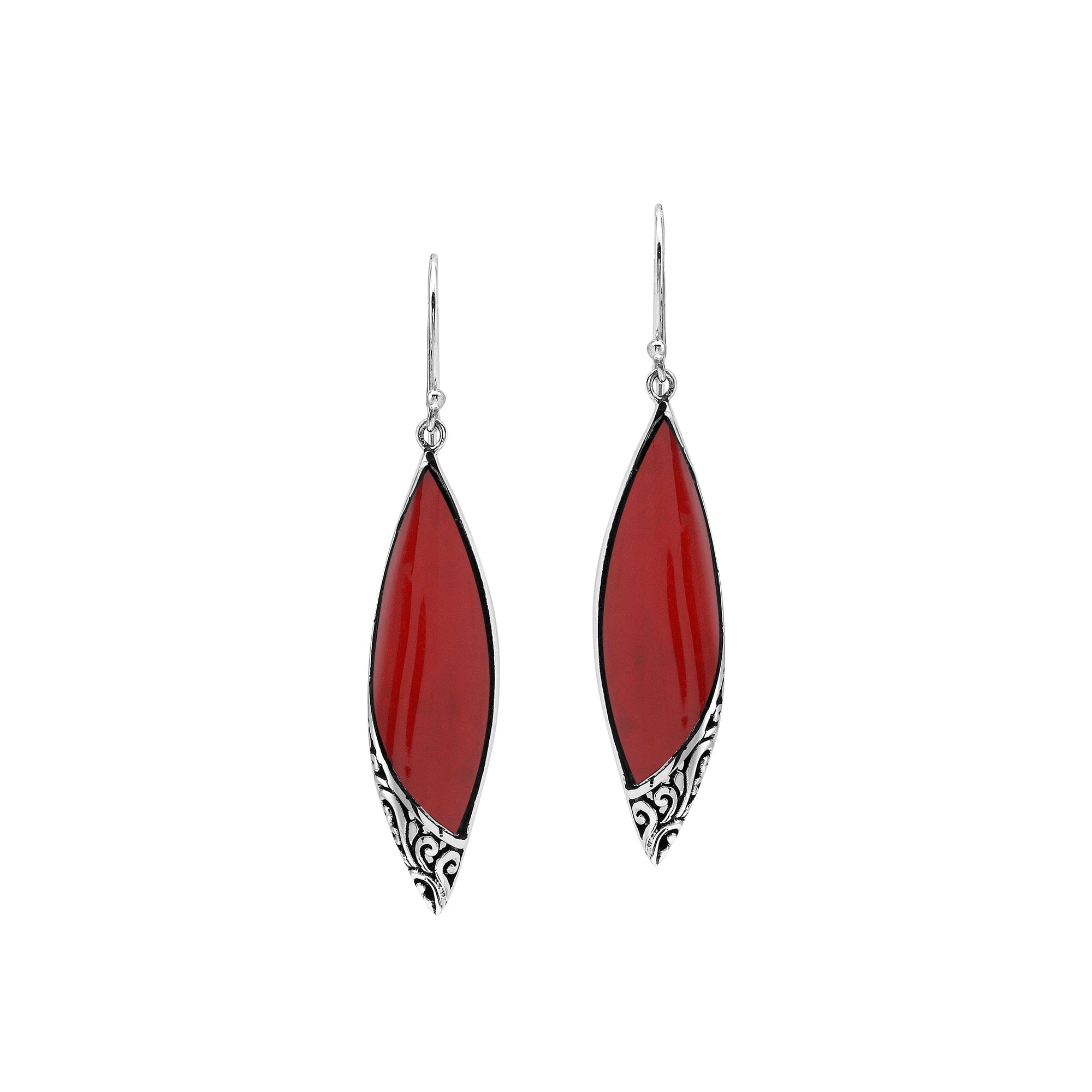 Red Coral Long Marquise Silver Earrings For Wholesale