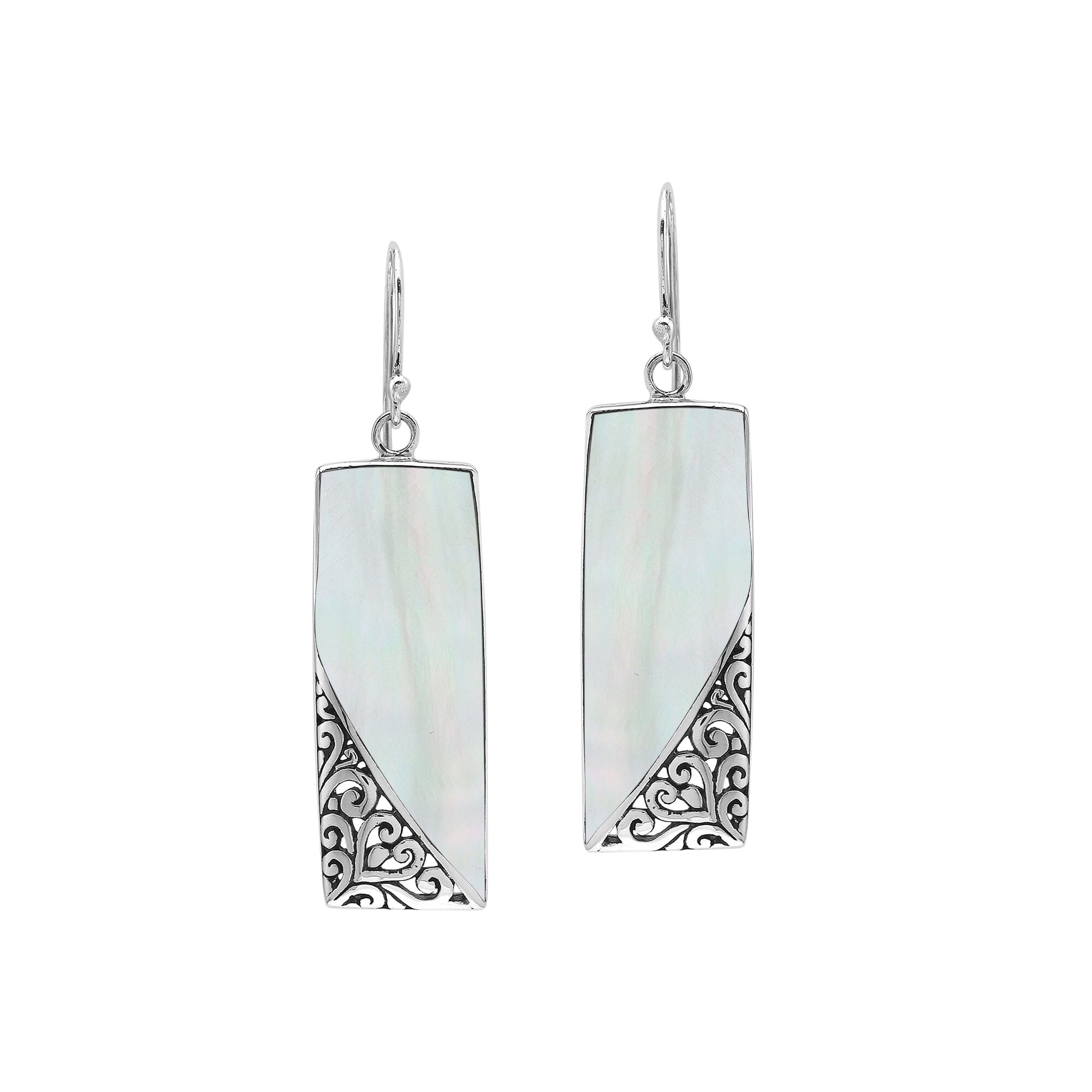 Rectangular Mother Of Pearl Earrings With Silver Edge Design