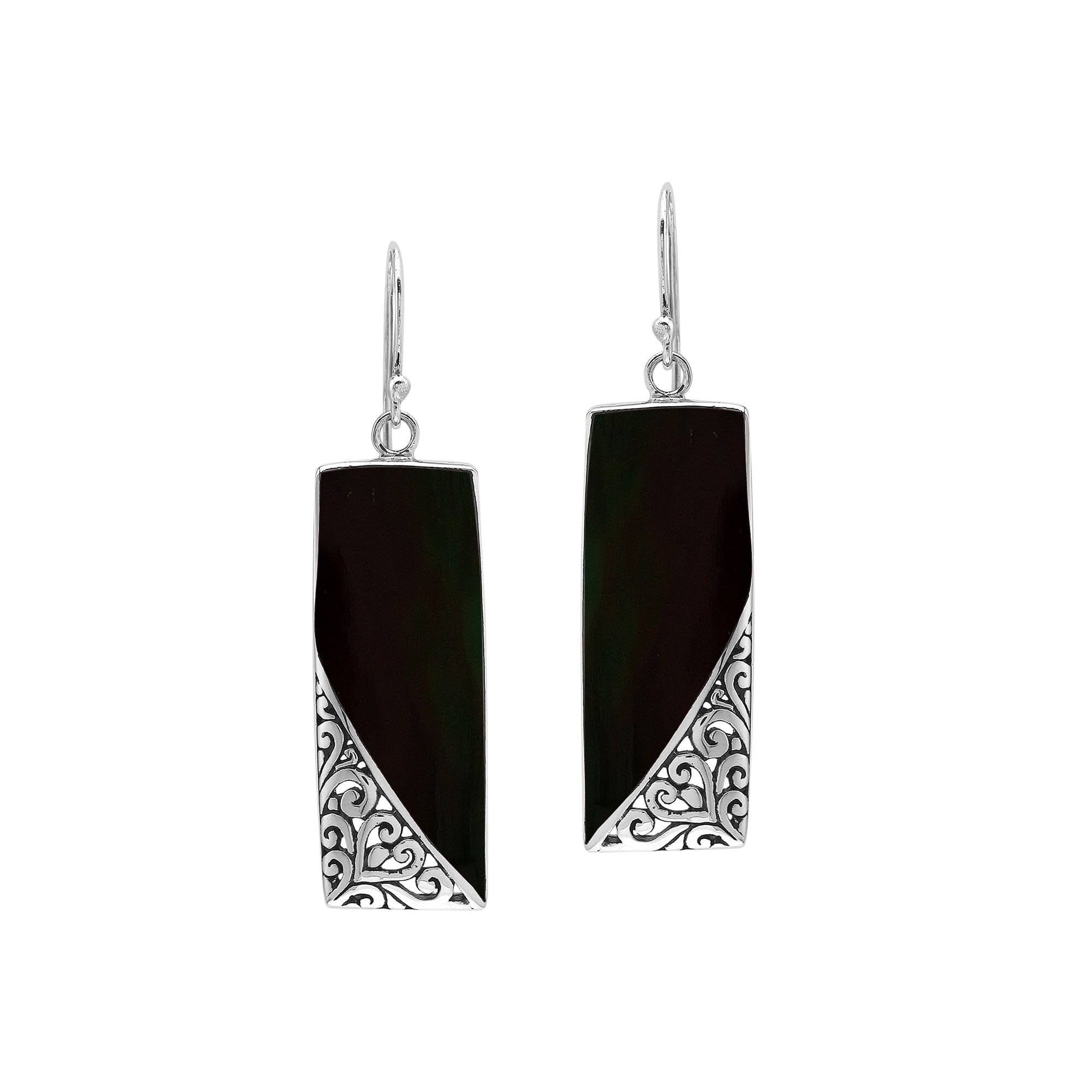 Rectangular Black Shell Silver Earrings With Filigree Border