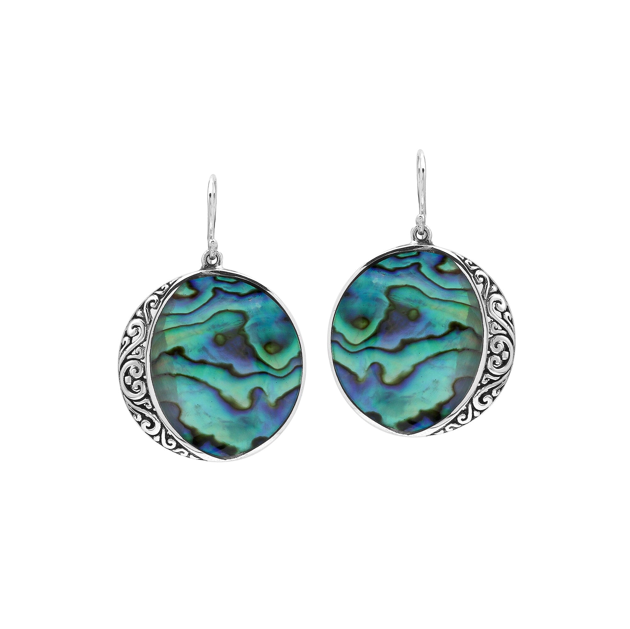 Round Abalone Shell Silver Earrings With Filigree Border