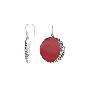 Round Red Coral Silver Earrings With Filigree Detailing