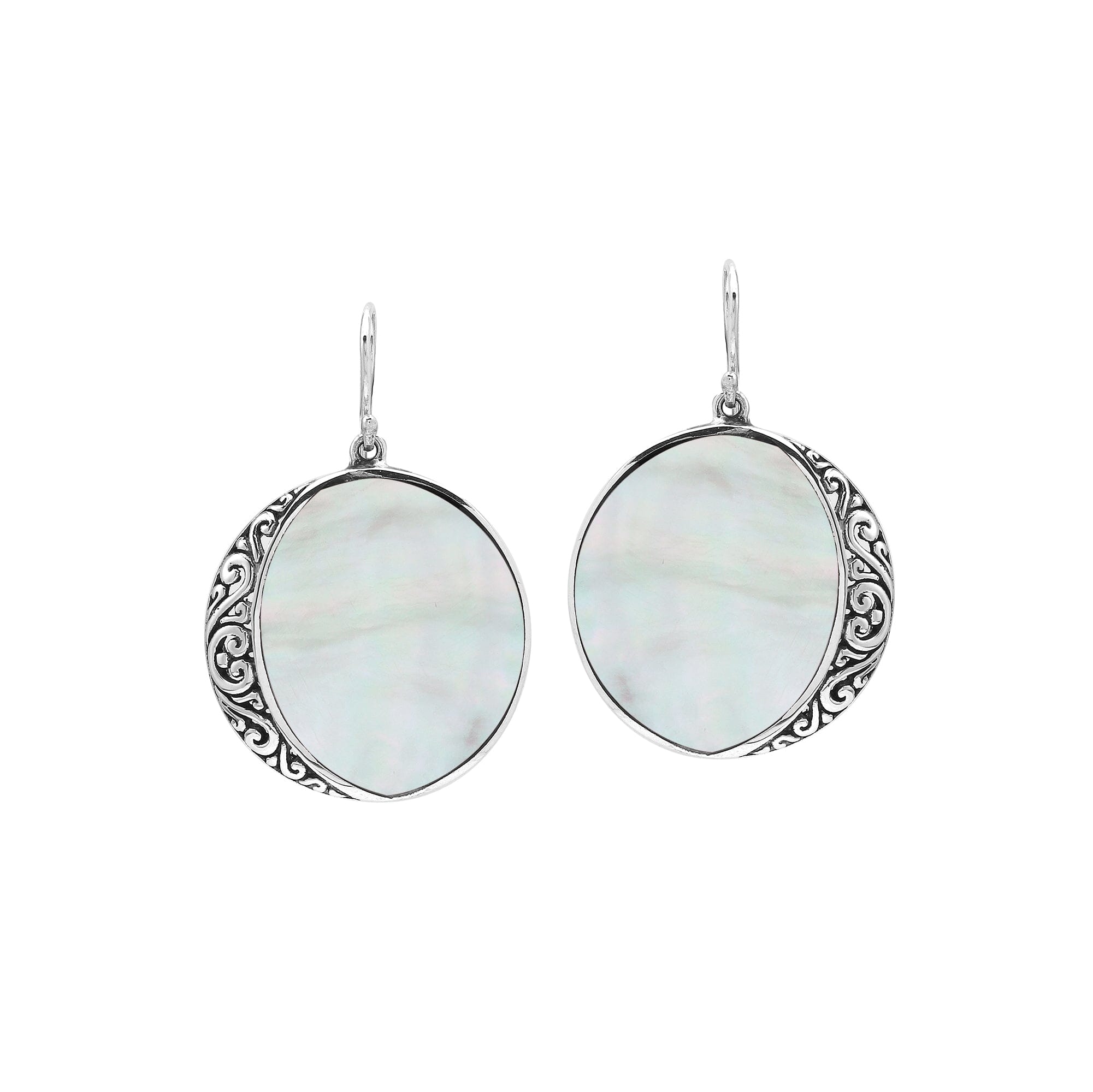 Round Mother Of Pearl Silver Earrings With Filigree Detailing