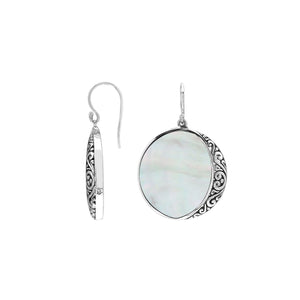 Round Mother Of Pearl Silver Earrings With Filigree Detailing