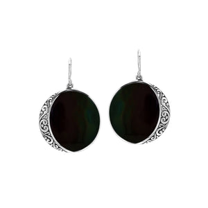Round Black Shell Silver Earrings With Filigree Border