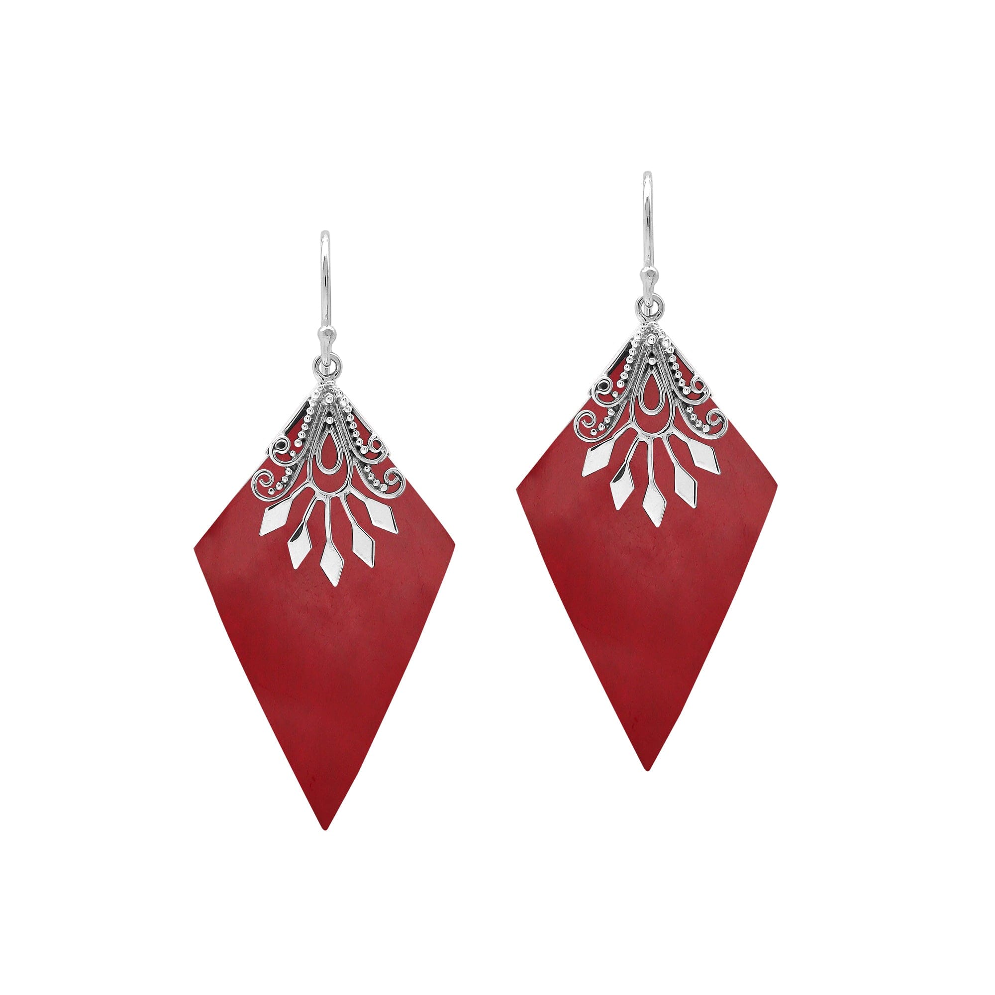 Sterling silver Red Coral dangle earrings handcrafted in Bali