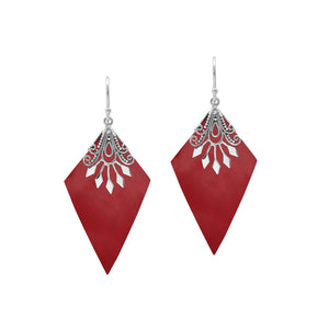 Sterling silver Red Coral dangle earrings handcrafted in Bali